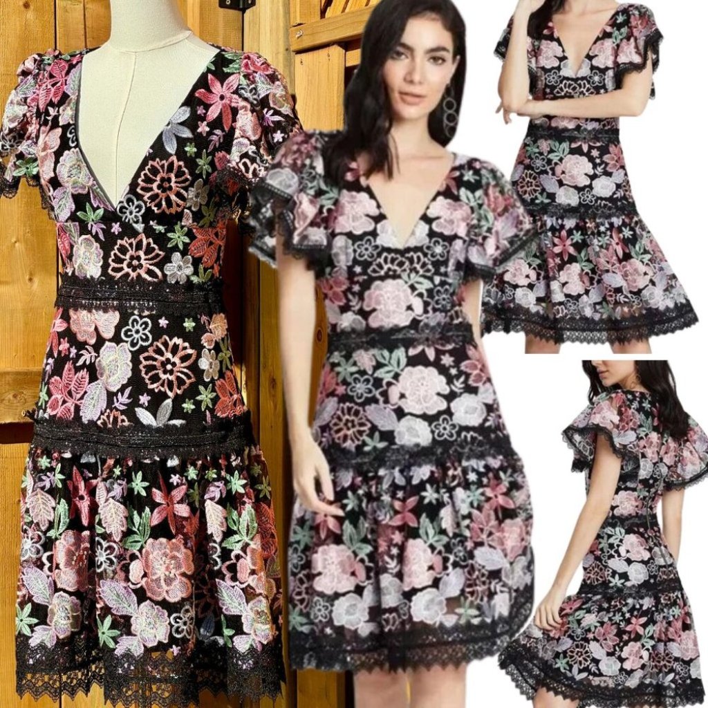 Bronx & Banco Nwot Camille Floral Embroidered Tiered Midi Dress, Sz S / Us4
